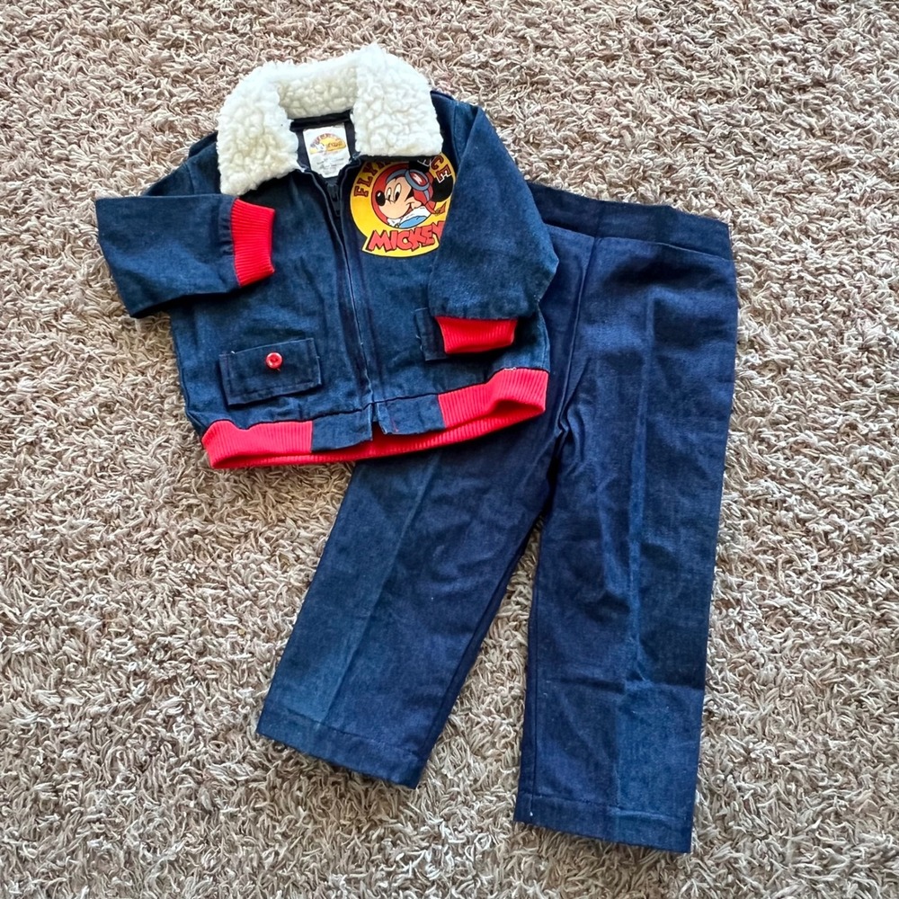 Vintage Disney Kids Mickey Mouse Aviator Denim Jacket Pants Set 12 Months Y2K